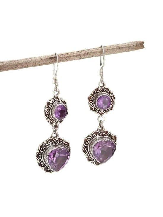 unbranded Jewelry - Vintage-Inspired Amethyst Glass Drop Earrings With Ornate Silver Setting - 4.5cm